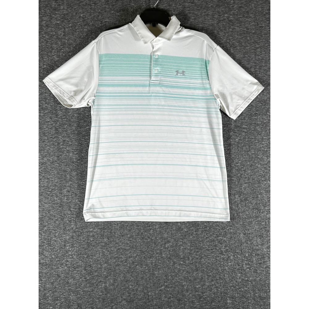Under Armour Playoff Polo Mens Medium White Teal Striped Performance Golf Shirt
